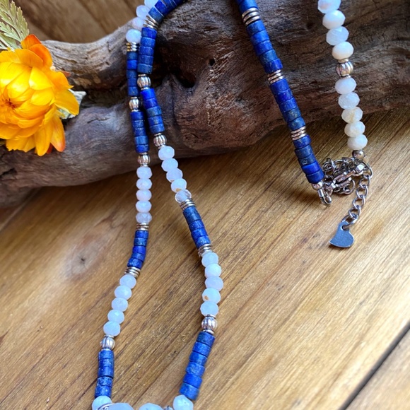 Genuine Moonstone + Lapis Lazuli Gemstone Necklace - Picture 3 of 10